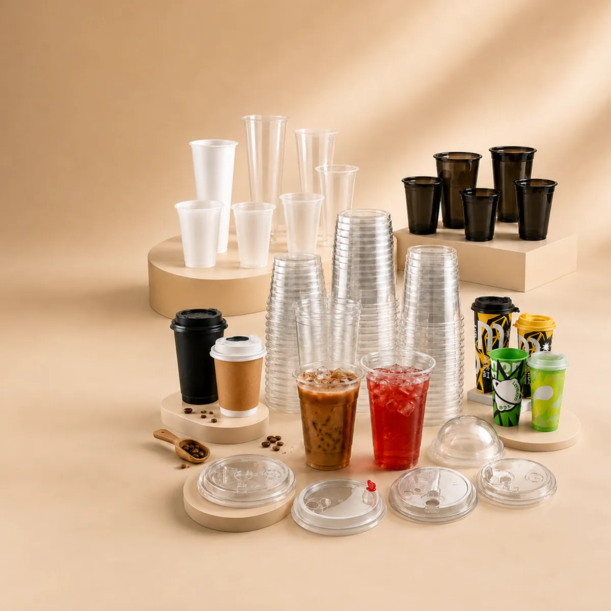 PET cups, PP cups, paper cups and clear lids on display